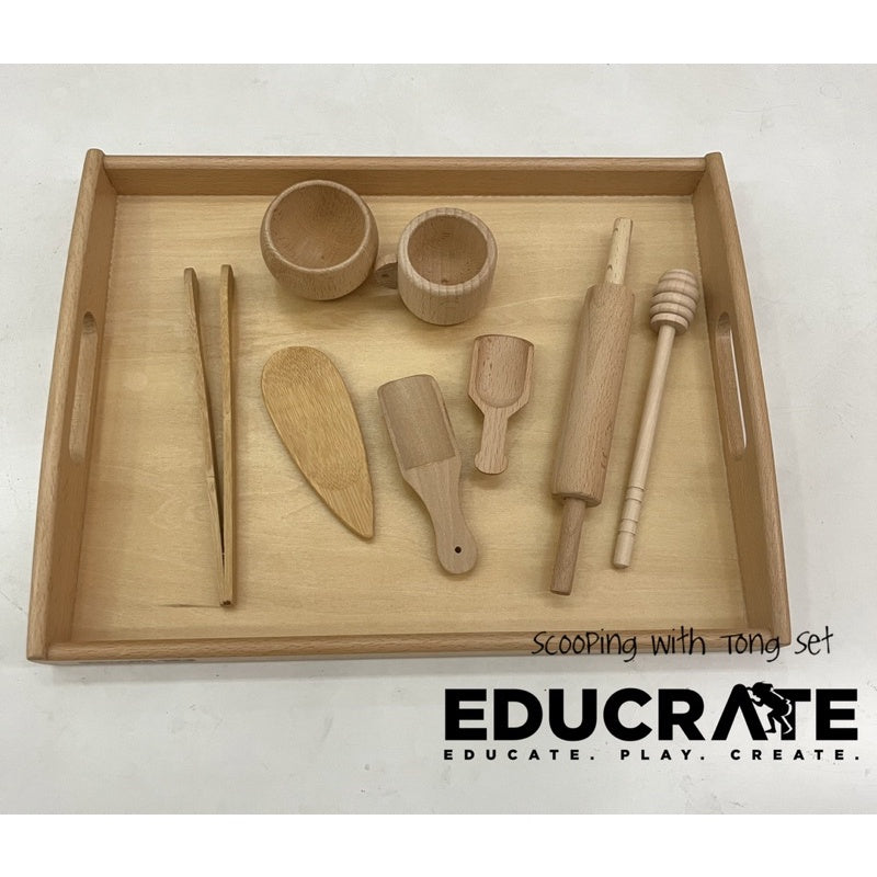 Wooden Scooping and tong set with wooden tray