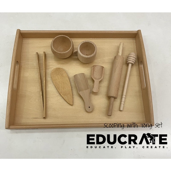 Wooden Scooping and tong set with wooden tray