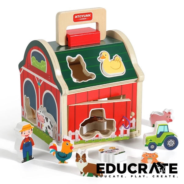 wooden take-along shape sorting barn for kids / farm animals