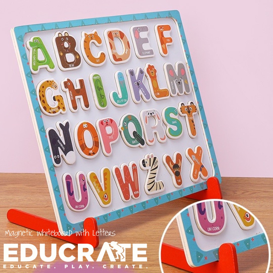 Whiteboard with Magnetic Letters and flashcard english word