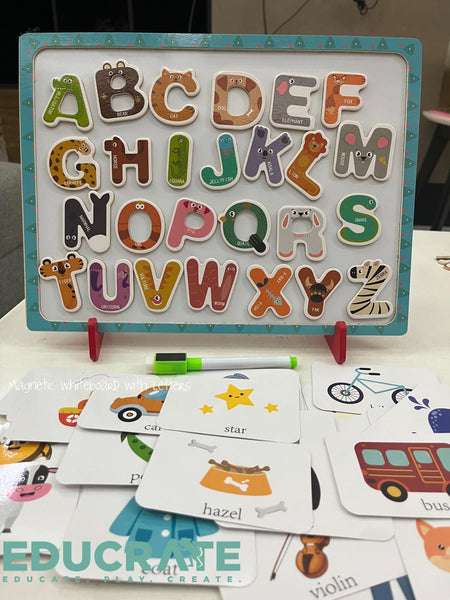 Whiteboard with Magnetic Letters and flashcard english word